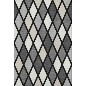 Photo of Black Ivory And Gray Geometric Washable Area Rug With UV Protection