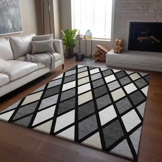 Black Ivory And Gray Geometric Washable Area Rug With UV Protection Photo 6