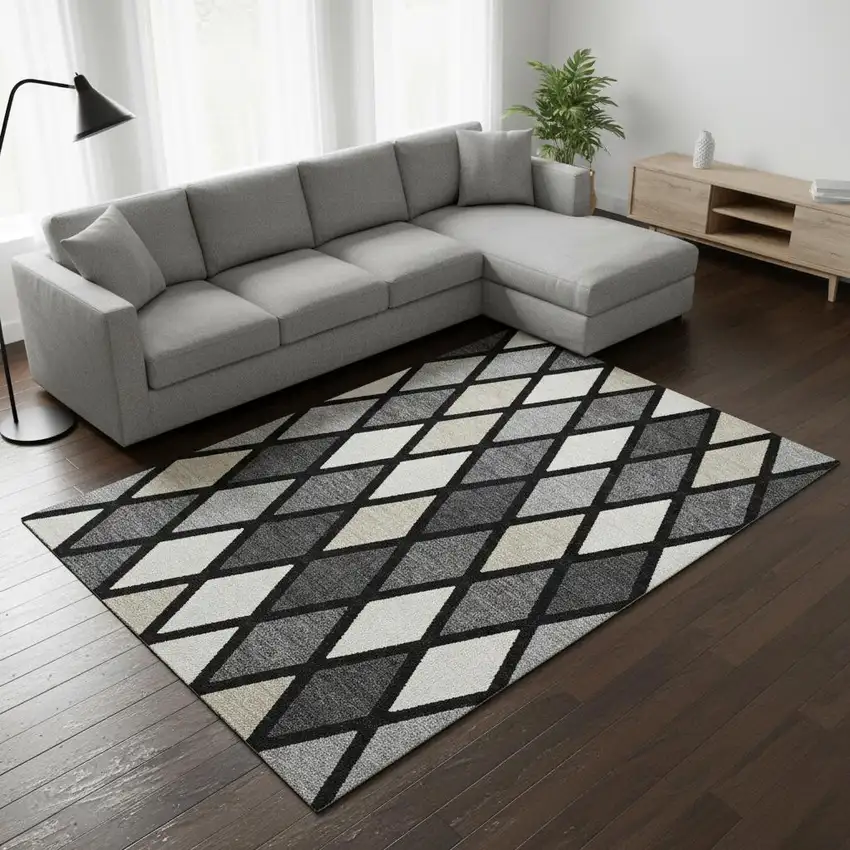 Black Ivory And Gray Geometric Washable Area Rug With UV Protection Photo 2