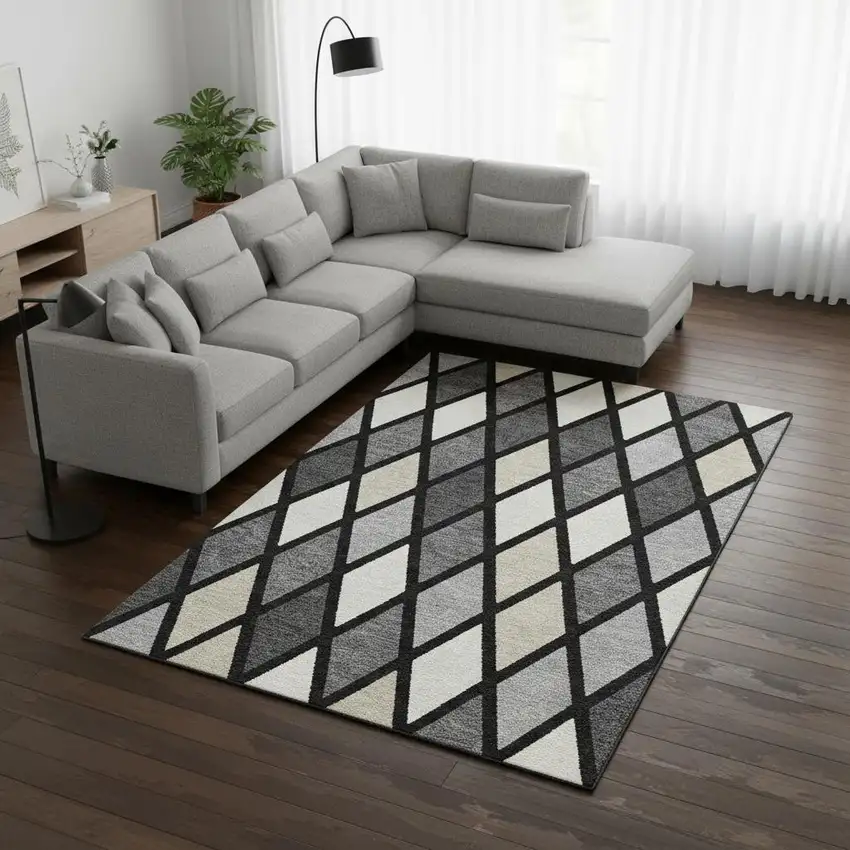 Black Ivory And Gray Geometric Washable Area Rug With UV Protection Photo 2