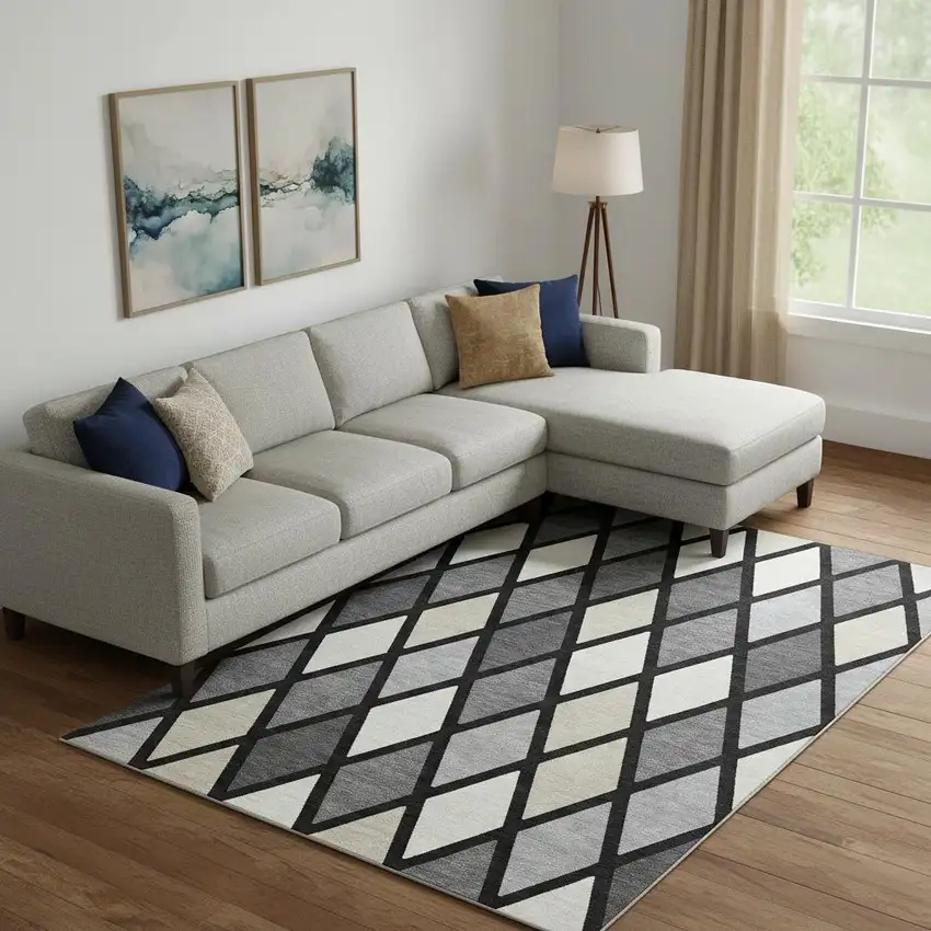 Black Ivory And Gray Geometric Washable Area Rug With UV Protection Photo 1