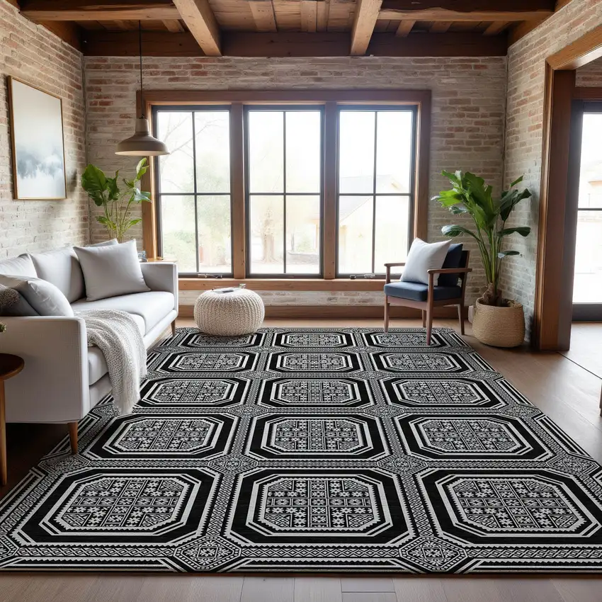 Black Ivory And Gray Geometric Washable Area Rug With UV Protection Photo 6