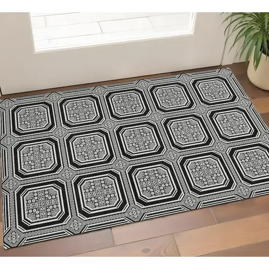 Black Ivory And Gray Geometric Washable Area Rug With UV Protection Photo 1