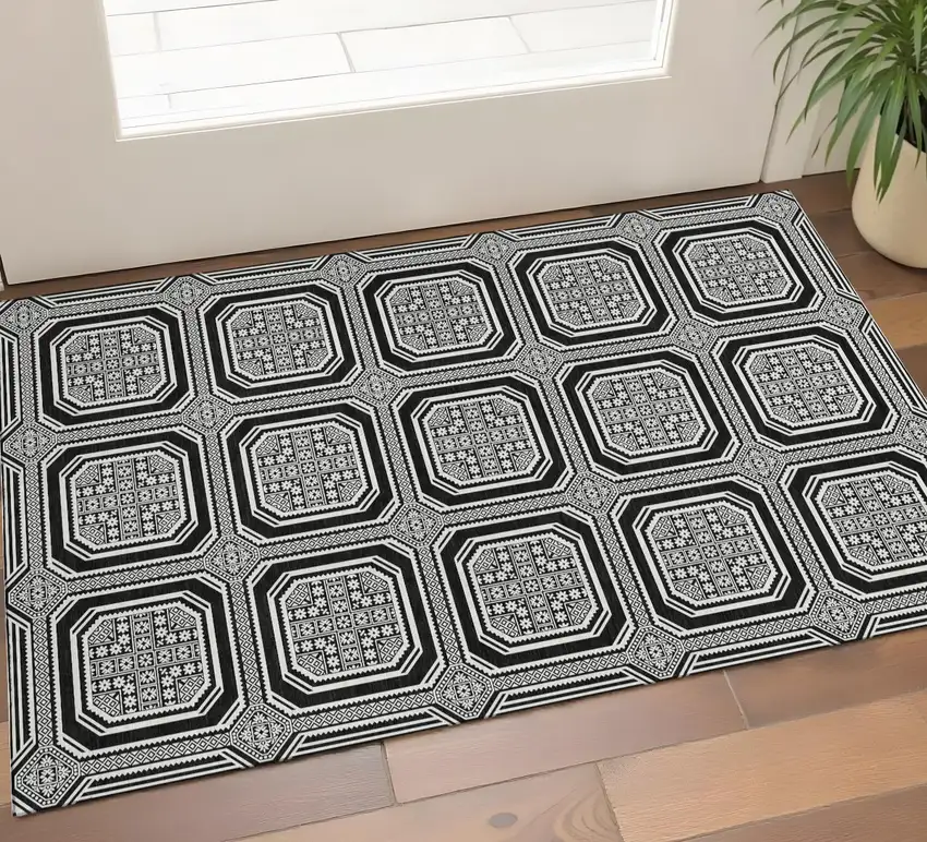 Black Ivory And Gray Geometric Washable Area Rug With UV Protection Photo 1