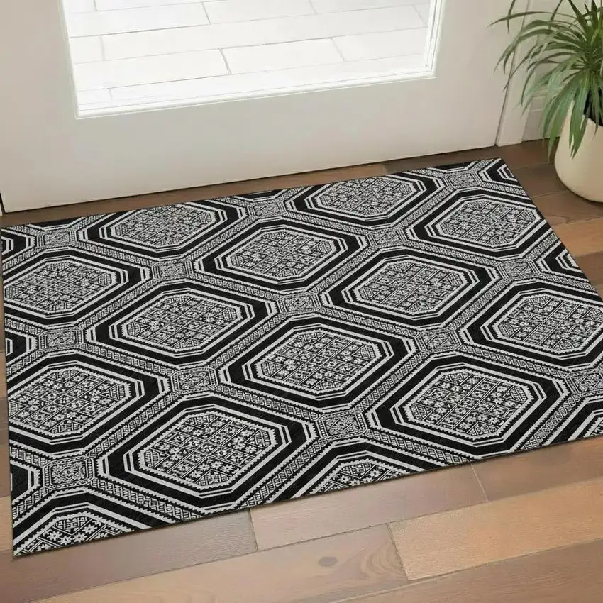 Black Ivory And Gray Geometric Washable Area Rug With UV Protection Photo 2
