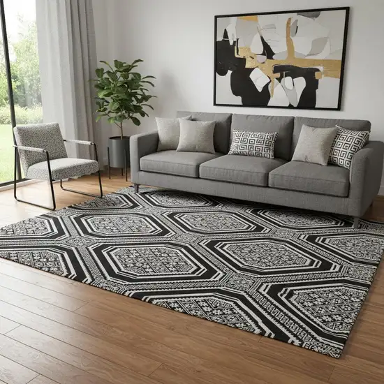Black Ivory And Gray Geometric Washable Area Rug With UV Protection Photo 2