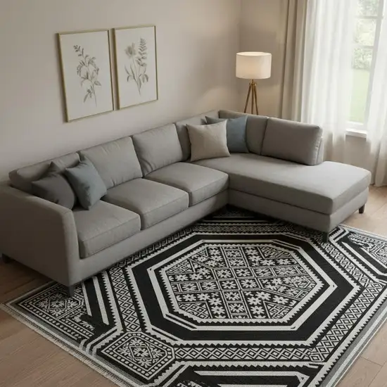 Black Ivory And Gray Geometric Washable Area Rug With UV Protection Photo 2