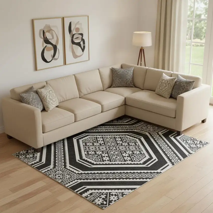 Black Ivory And Gray Geometric Washable Area Rug With UV Protection Photo 2