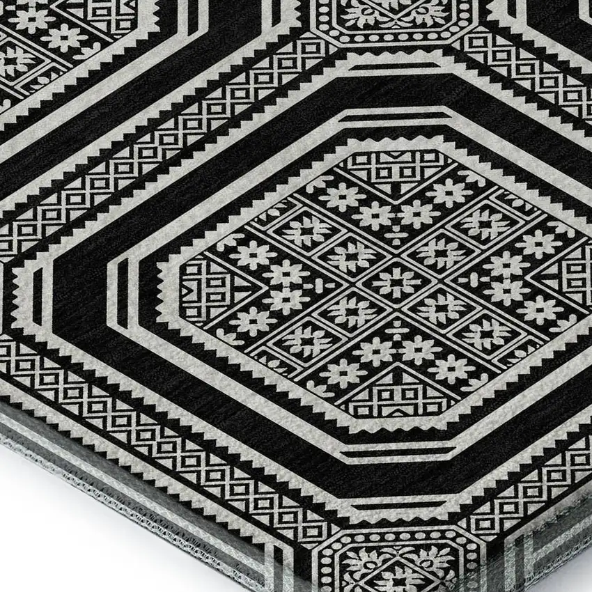 Black Ivory And Gray Geometric Washable Area Rug With UV Protection Photo 2