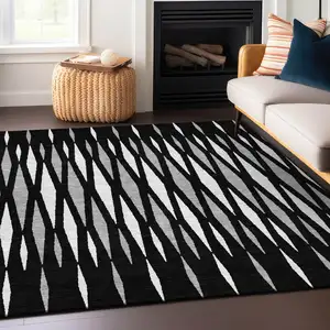 Photo of Black Ivory And Gray Geometric Washable Indoor Outdoor Area Rug