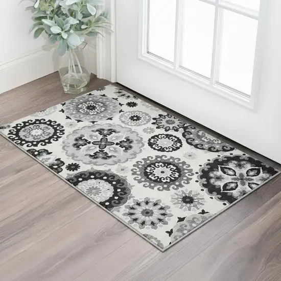 Black Ivory And Gray Medallion Washable Area Rug With UV Protection Photo 2