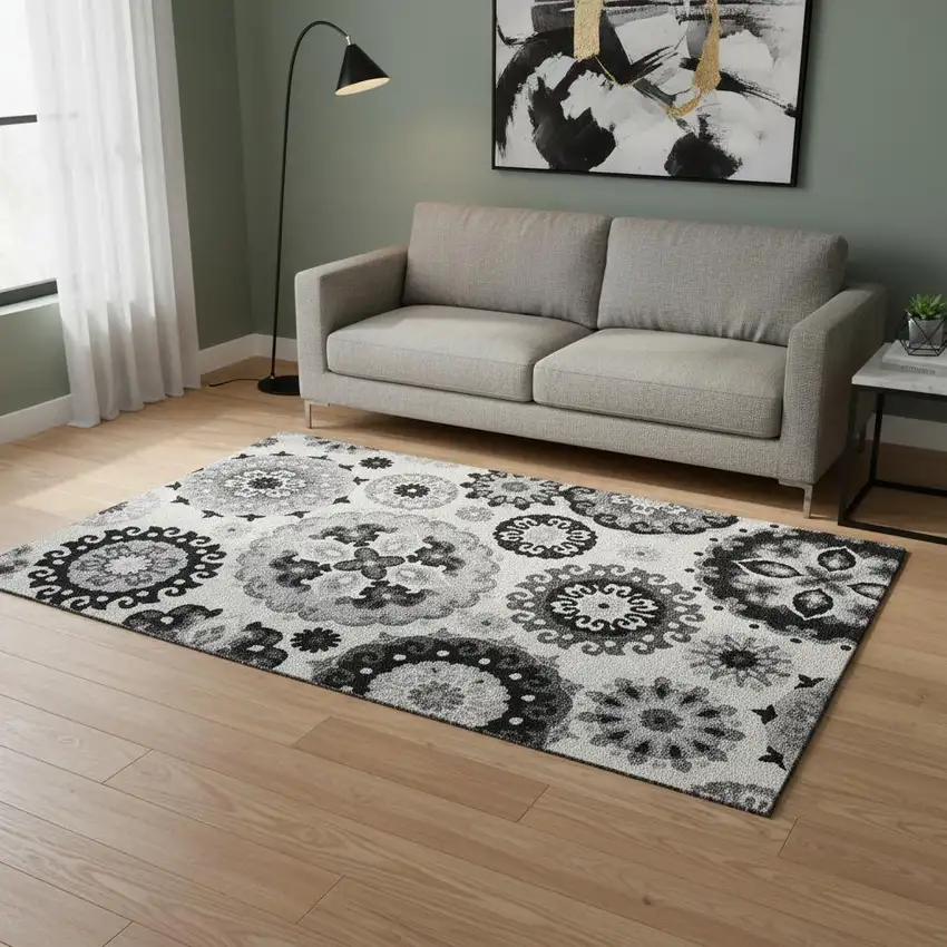 Black Ivory And Gray Medallion Washable Area Rug With UV Protection Photo 2