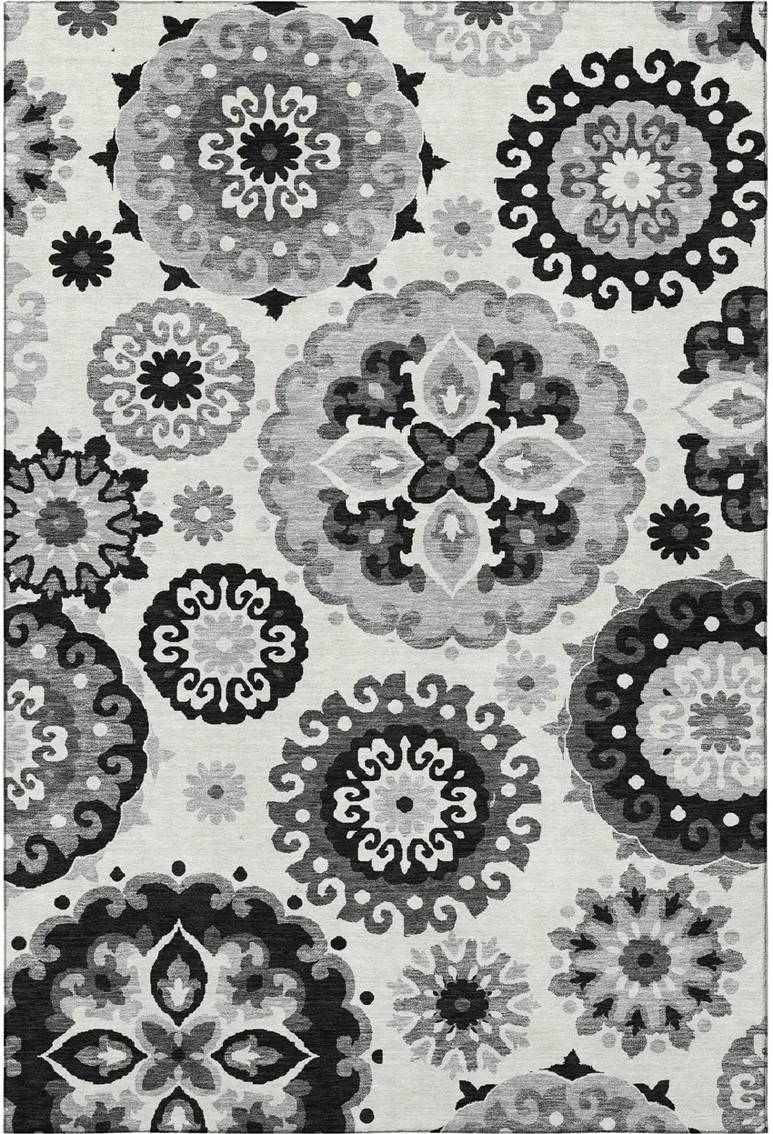 Black Ivory And Gray Medallion Washable Area Rug With UV Protection Photo 4