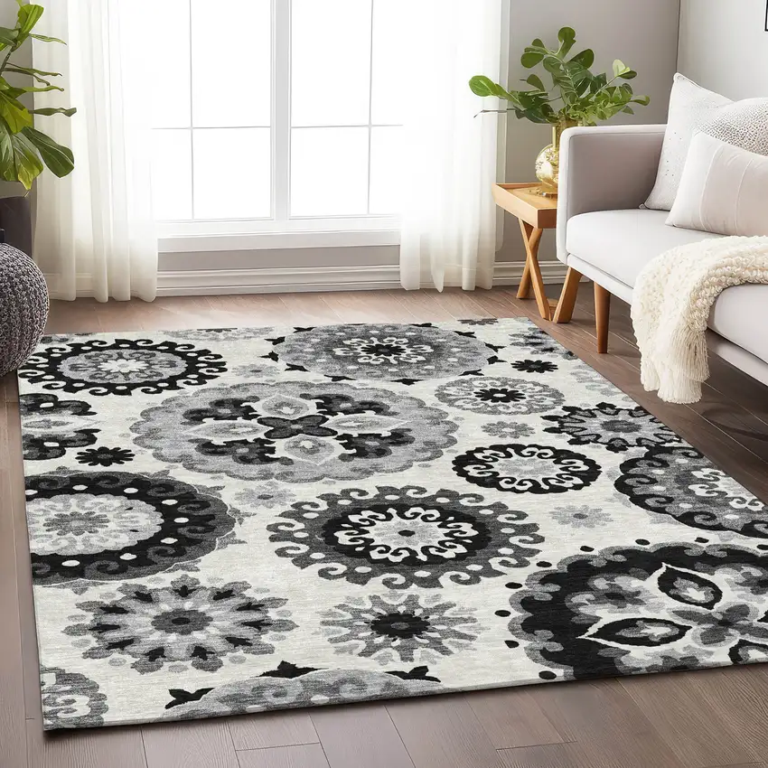 Black Ivory And Gray Medallion Washable Area Rug With UV Protection Photo 5