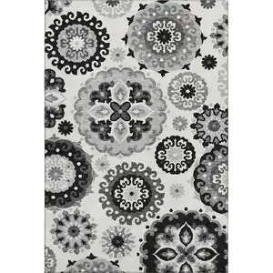 Photo of Black Ivory And Gray Medallion Washable Area Rug With UV Protection