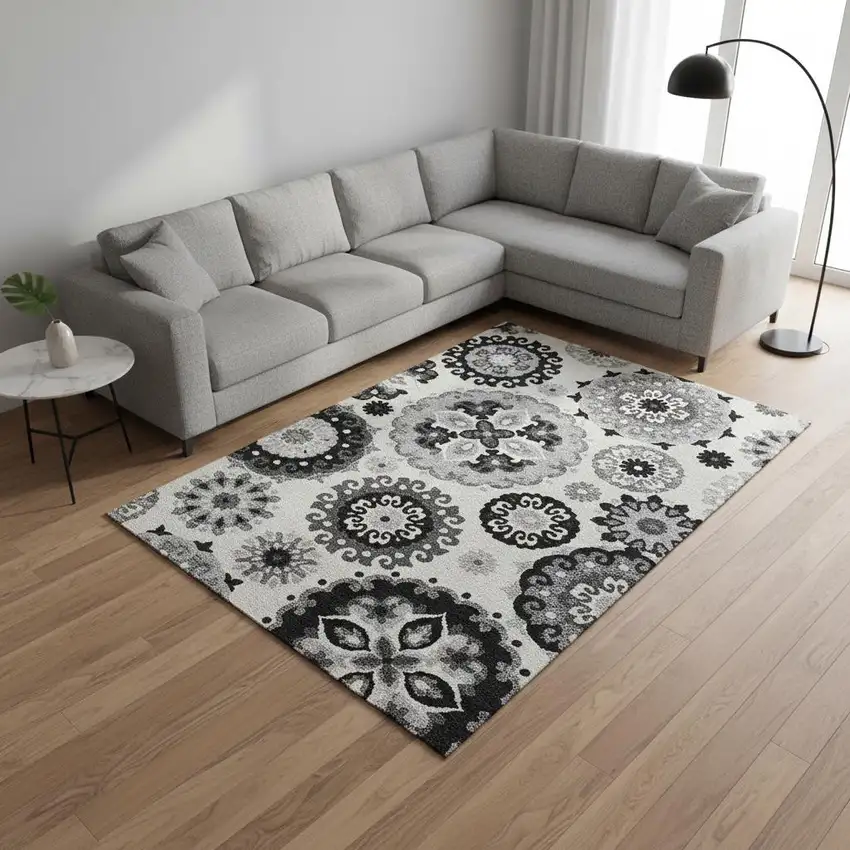 Black Ivory And Gray Medallion Washable Area Rug With UV Protection Photo 2