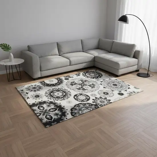 Black Ivory And Gray Medallion Washable Area Rug With UV Protection Photo 2