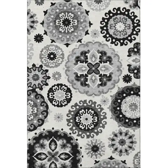 Black Ivory And Gray Medallion Washable Area Rug With UV Protection Photo 3