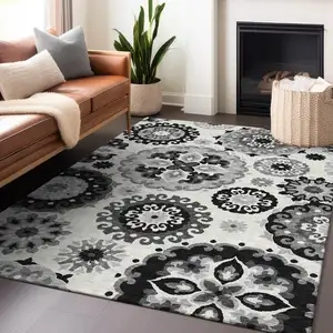 Photo of Black Ivory And Gray Medallion Washable Area Rug With UV Protection