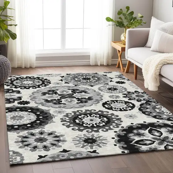 Black Ivory And Gray Medallion Washable Area Rug With UV Protection Photo 5