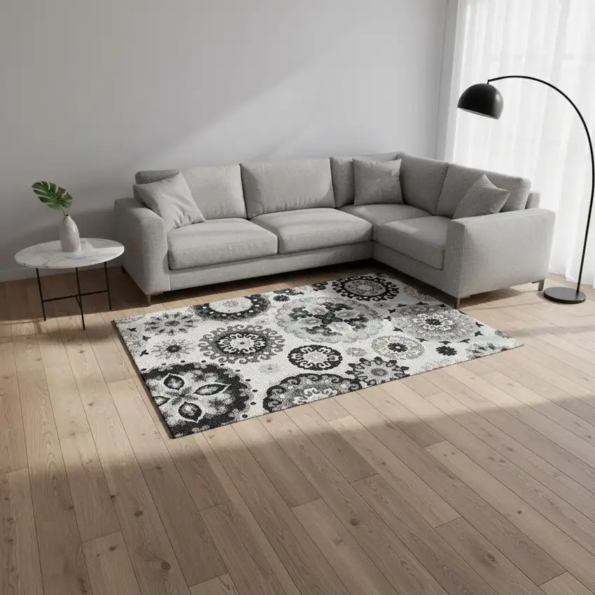 Black Ivory And Gray Medallion Washable Area Rug With UV Protection Photo 2