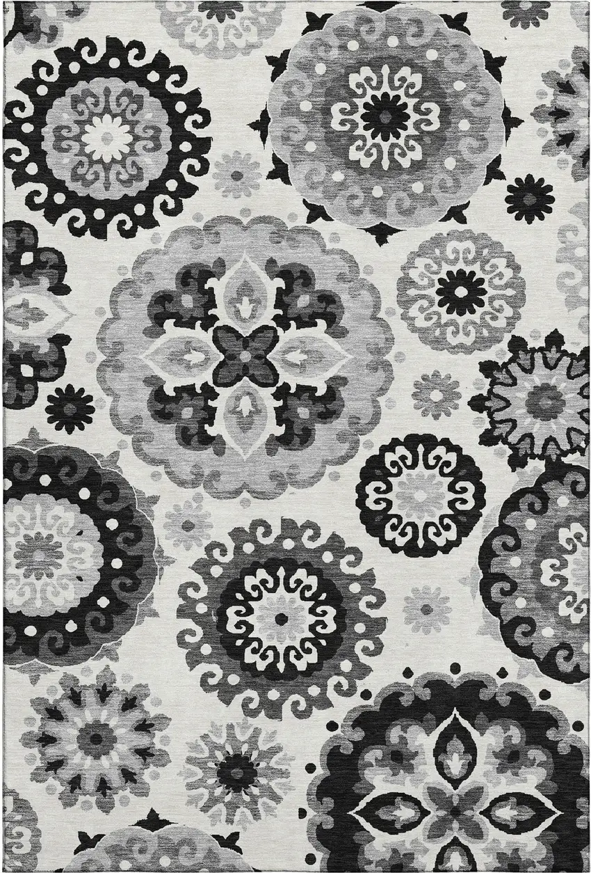 Black Ivory And Gray Medallion Washable Area Rug With UV Protection Photo 1