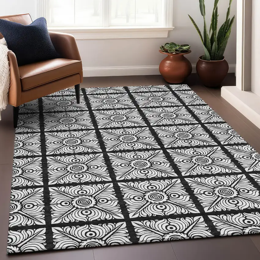 Black Ivory And Gray Medallion Washable Indoor Outdoor Area Rug Photo 9
