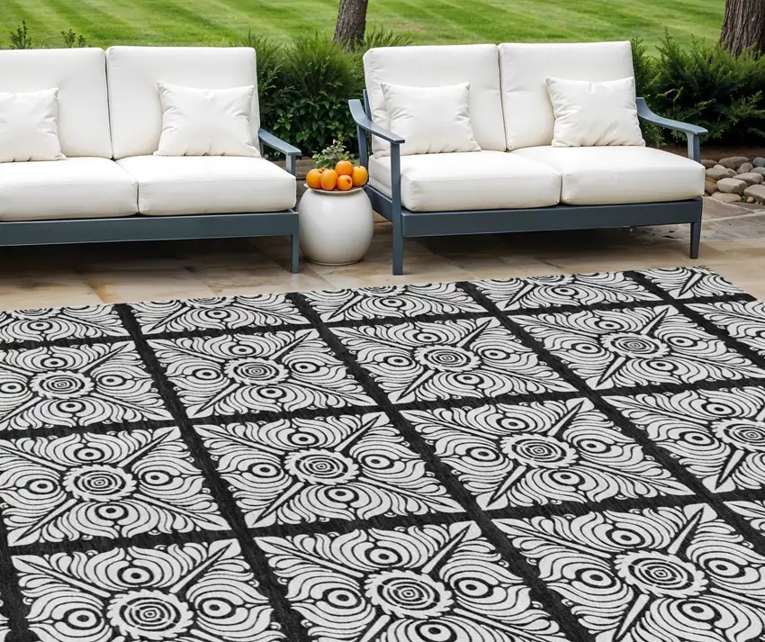 Black Ivory And Gray Medallion Washable Indoor Outdoor Area Rug Photo 1