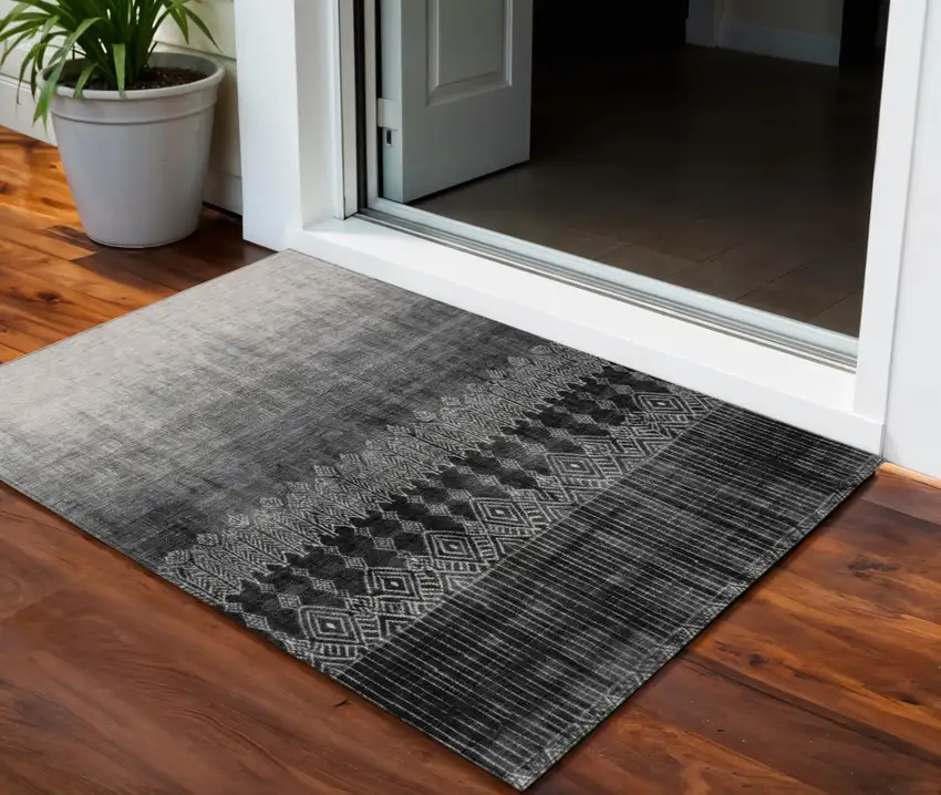 Black Ivory And Gray Ombre Washable Indoor Outdoor Area Rug Photo 1
