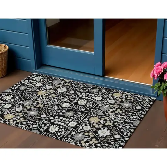 Black Ivory And Gray Oriental Washable Indoor Outdoor Area Rug Photo 1
