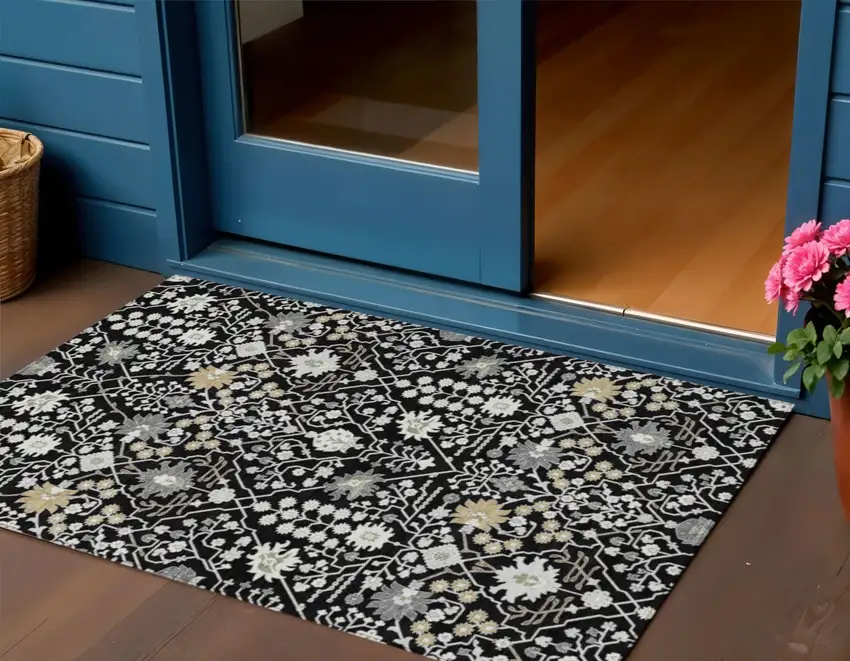 Black Ivory And Gray Oriental Washable Indoor Outdoor Area Rug Photo 1