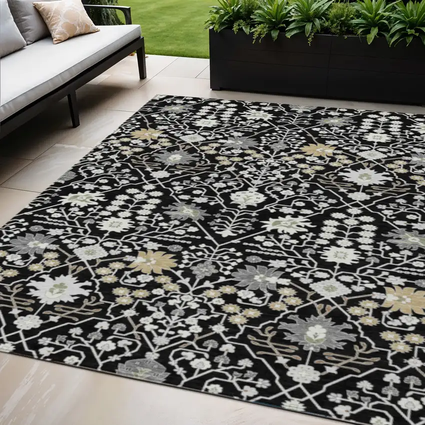 Black Ivory And Gray Oriental Washable Indoor Outdoor Area Rug Photo 1