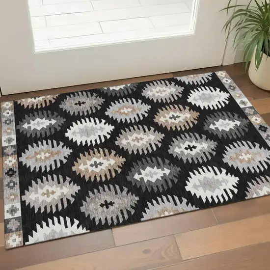 Black Ivory And Gray Southwestern Washable Area Rug With UV Protection Photo 1