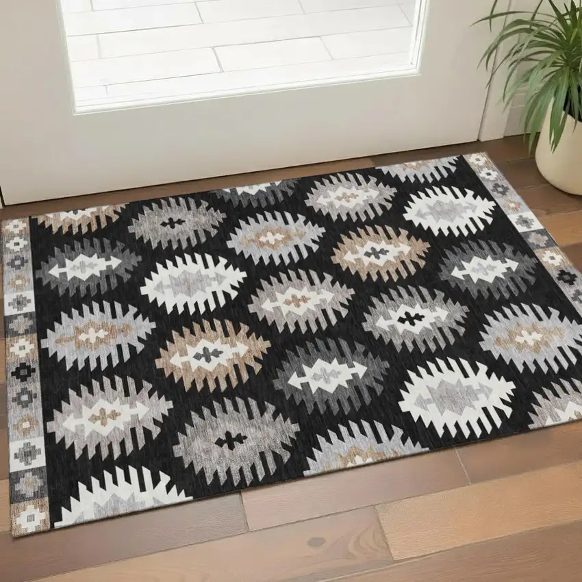 Black Ivory And Gray Southwestern Washable Area Rug With UV Protection Photo 1