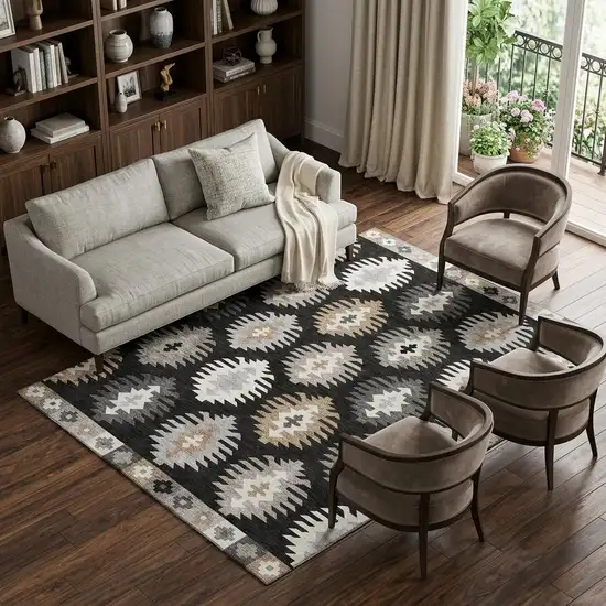 Black Ivory And Gray Southwestern Washable Area Rug With UV Protection Photo 1