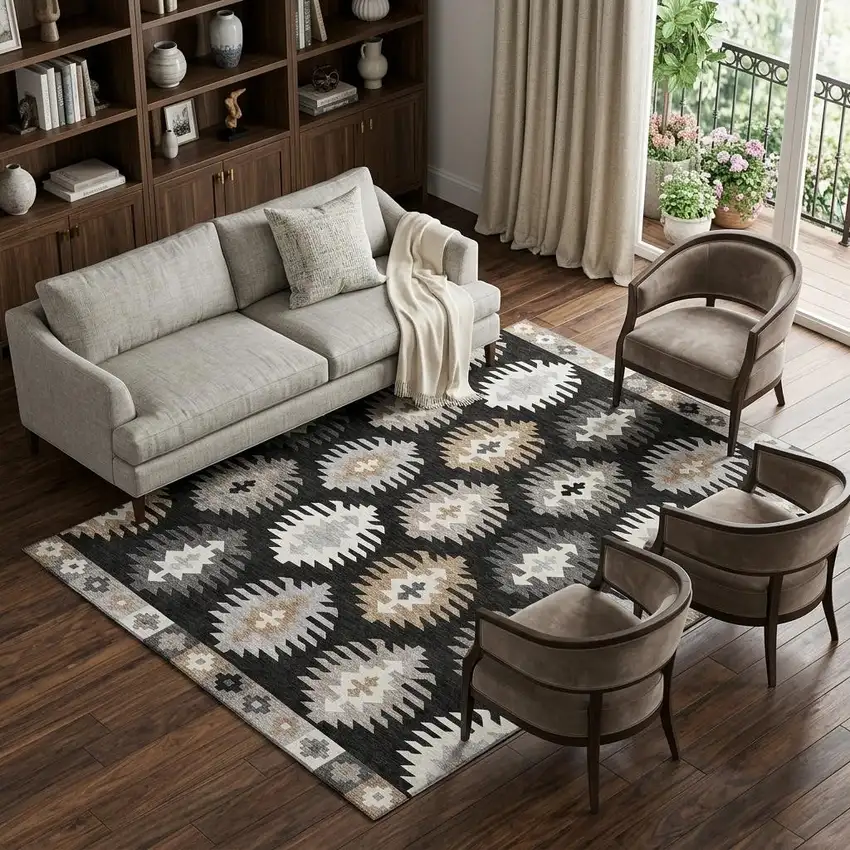 Black Ivory And Gray Southwestern Washable Area Rug With UV Protection Photo 1
