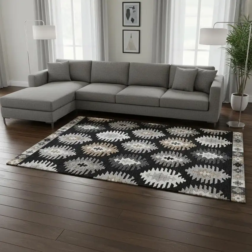 Black Ivory And Gray Southwestern Washable Area Rug With UV Protection Photo 2