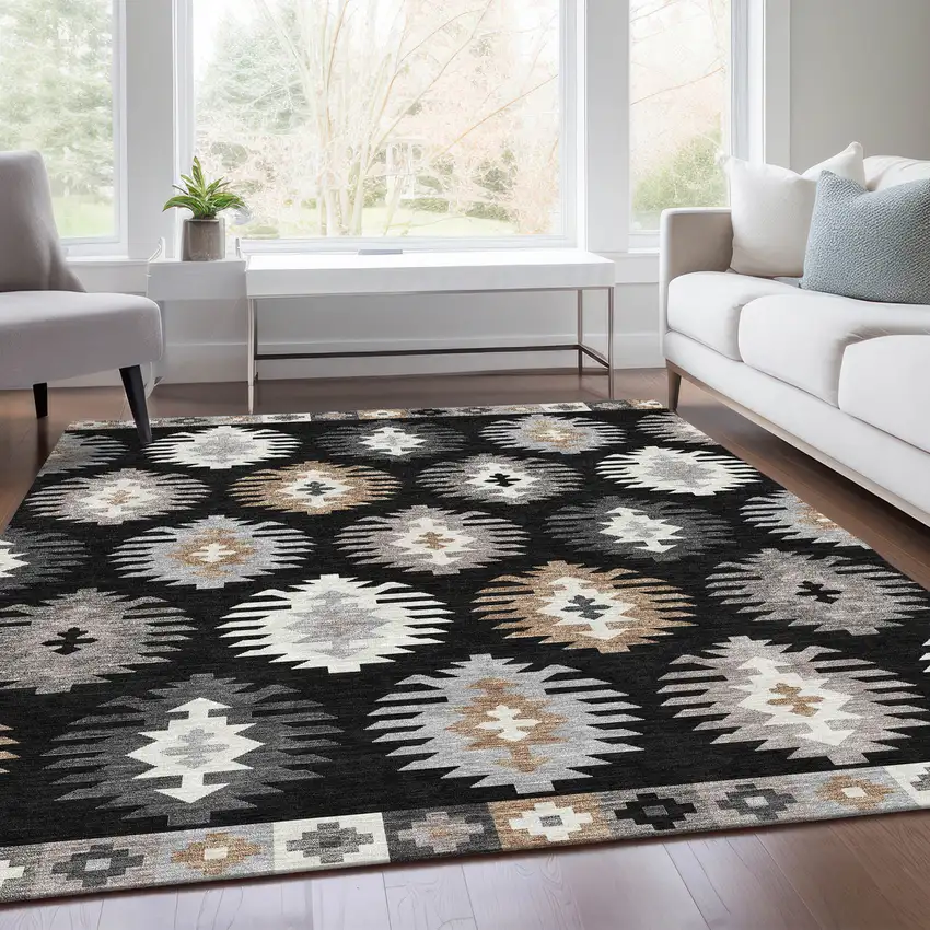 Black Ivory And Gray Southwestern Washable Area Rug With UV Protection Photo 4