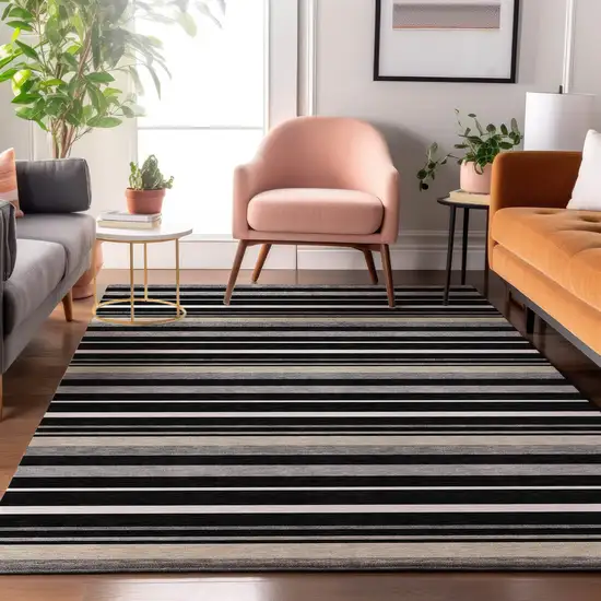 Black Ivory And Gray Striped Washable Area Rug With UV Protection Photo 4
