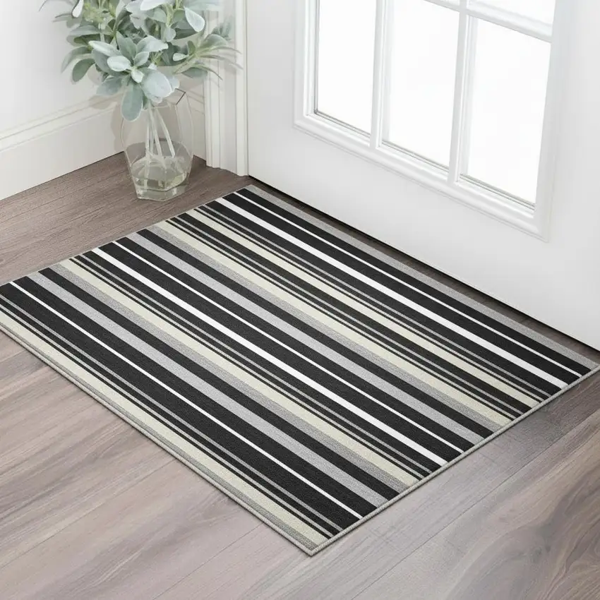 Black Ivory And Gray Striped Washable Area Rug With UV Protection Photo 2