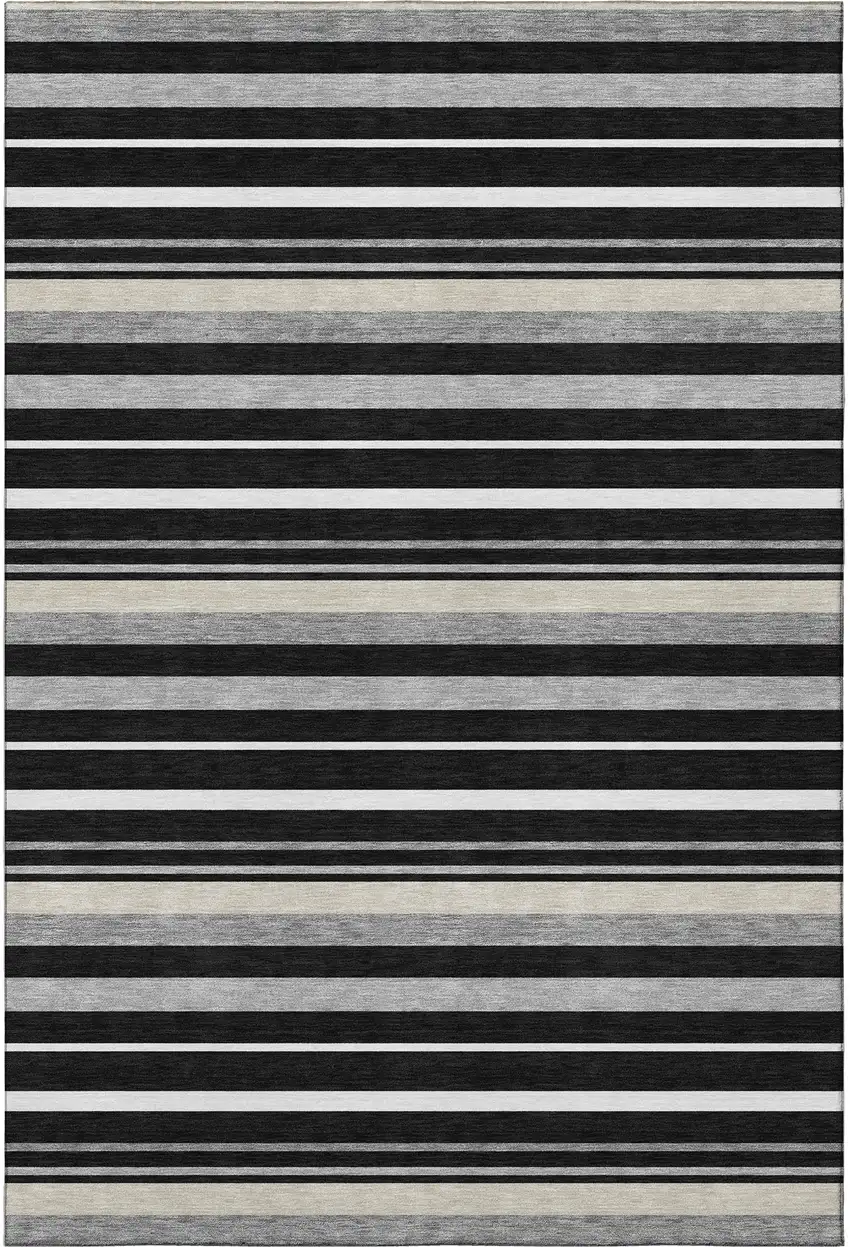 Black Ivory And Gray Striped Washable Area Rug With UV Protection Photo 3