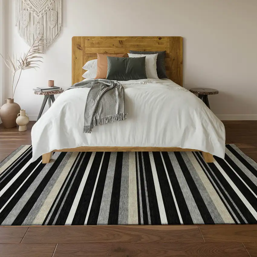 Black Ivory And Gray Striped Washable Area Rug With UV Protection Photo 5