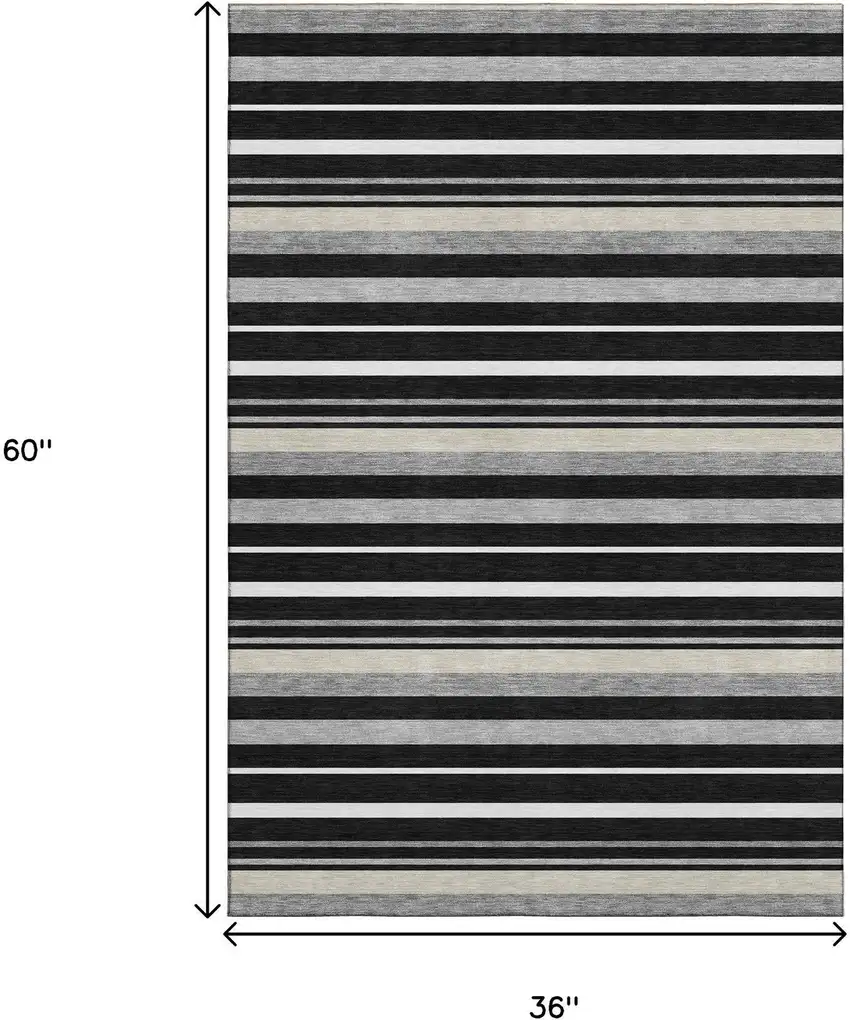 Black Ivory And Gray Striped Washable Area Rug With UV Protection Photo 3