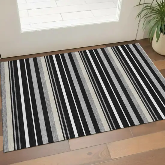 Black Ivory And Gray Striped Washable Area Rug With UV Protection Photo 1