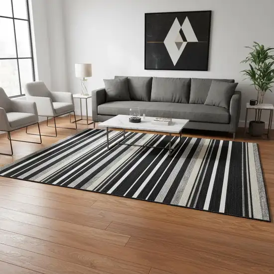 Black Ivory And Gray Striped Washable Area Rug With UV Protection Photo 2