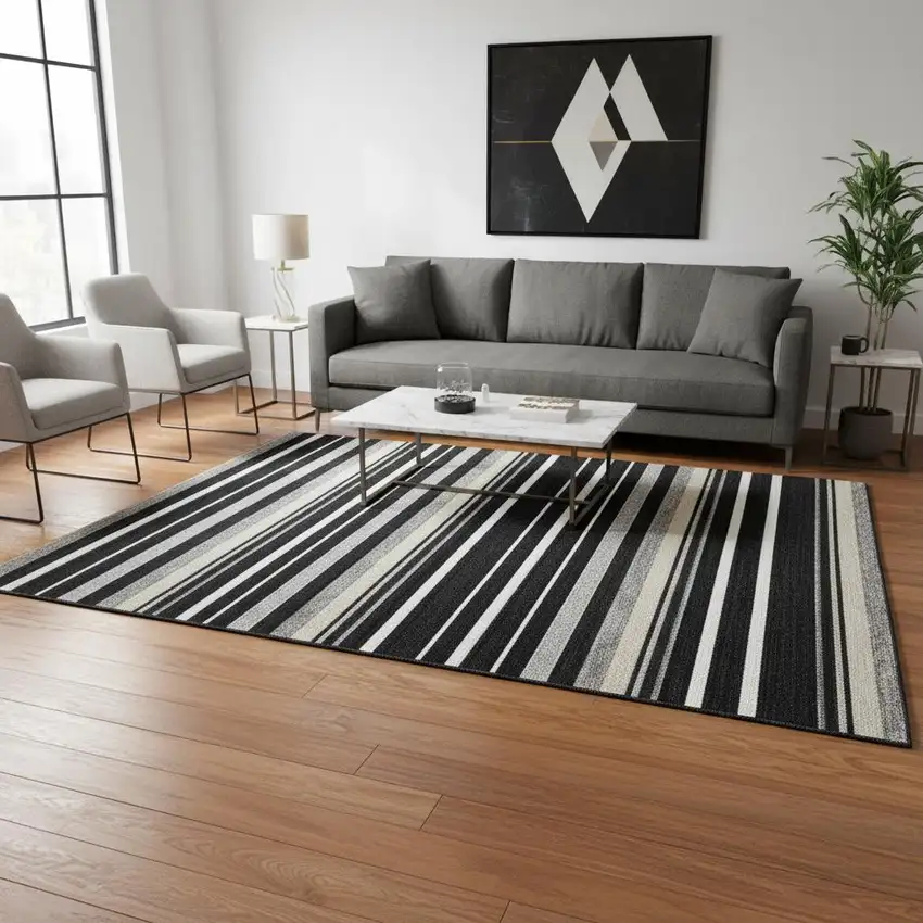 Black Ivory And Gray Striped Washable Area Rug With UV Protection Photo 2