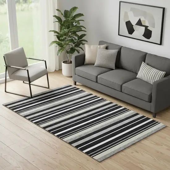 Black Ivory And Gray Striped Washable Area Rug With UV Protection Photo 1