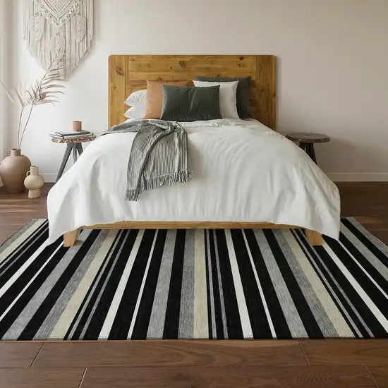 Black Ivory And Gray Striped Washable Area Rug With UV Protection Photo 6