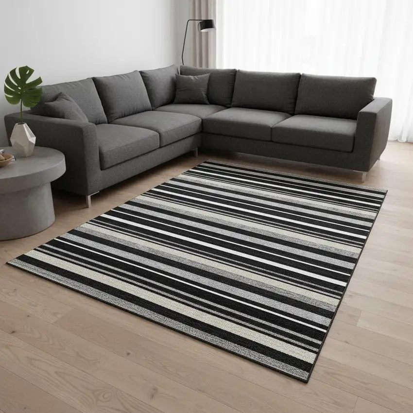 Black Ivory And Gray Striped Washable Area Rug With UV Protection Photo 2