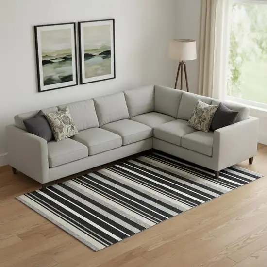 Black Ivory And Gray Striped Washable Area Rug With UV Protection Photo 1